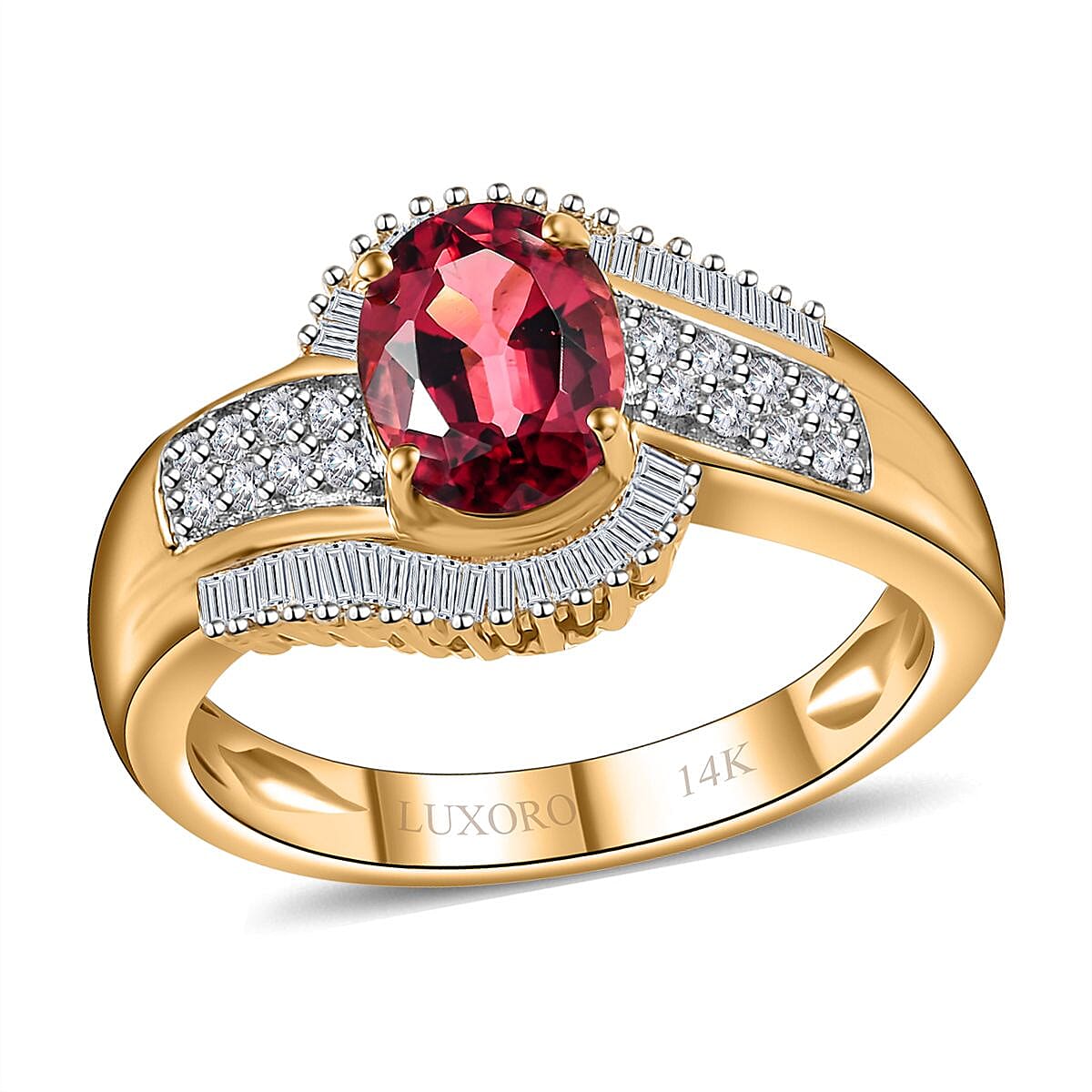 Luxoro 14K Yellow Gold AAA Ouro Fino Rubellite, Diamond (G-H, I2) (0.25 cts) Bypass Ring (Size 10.0) (4.85 g) 1.55 ctw