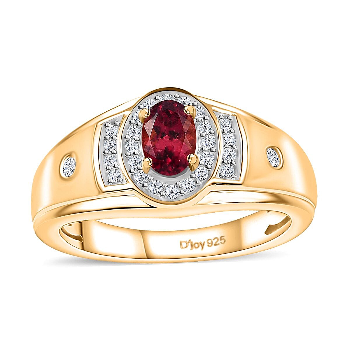 AAA Ouro Fino Rubellite, White Zircon Men' s Ring in Vermeil YG Over Sterling Silver (Size 10.0) 1.00 ctw