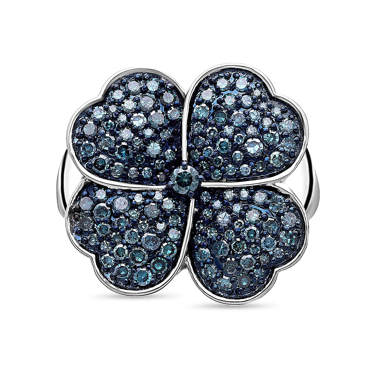 Blue Diamond (IR) Leaf Clover Ring in Platinum Over Sterling Silver (Size 10.0) 1.00 ctw