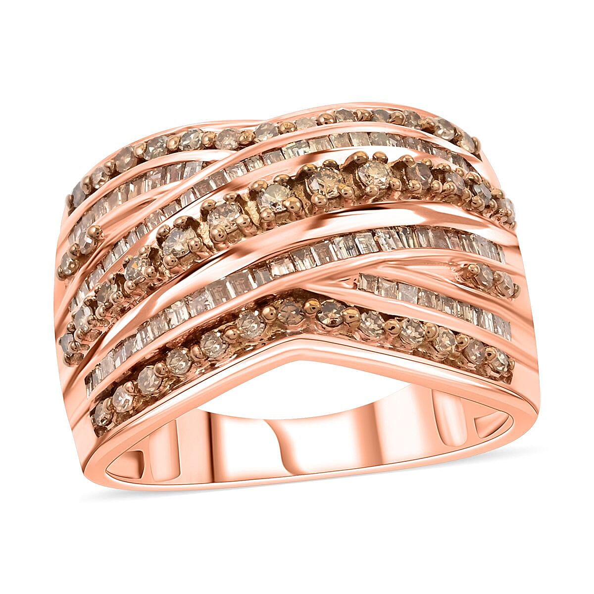 Natural Champagne Diamond Multi-Row Ring in Vermeil RG Over Sterling Silver