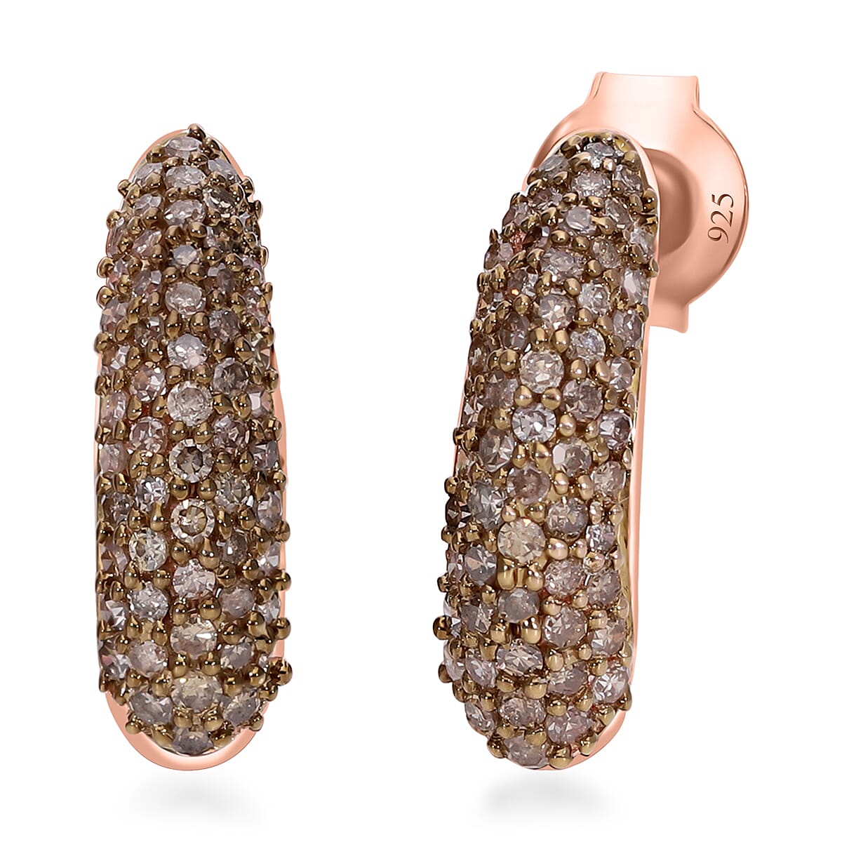 Natural Champagne Diamond J-Hoop Earrings in Vermeil Rose Gold Over Sterling Silver 0.50 ctw