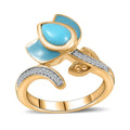 Sleeping Beauty Turquoise and White Zircon Enameled Flower Ring in Vermeil Yellow Gold Over Sterling Silver (Size 10.0) 0.75 ctw - Sticky add to cart bar