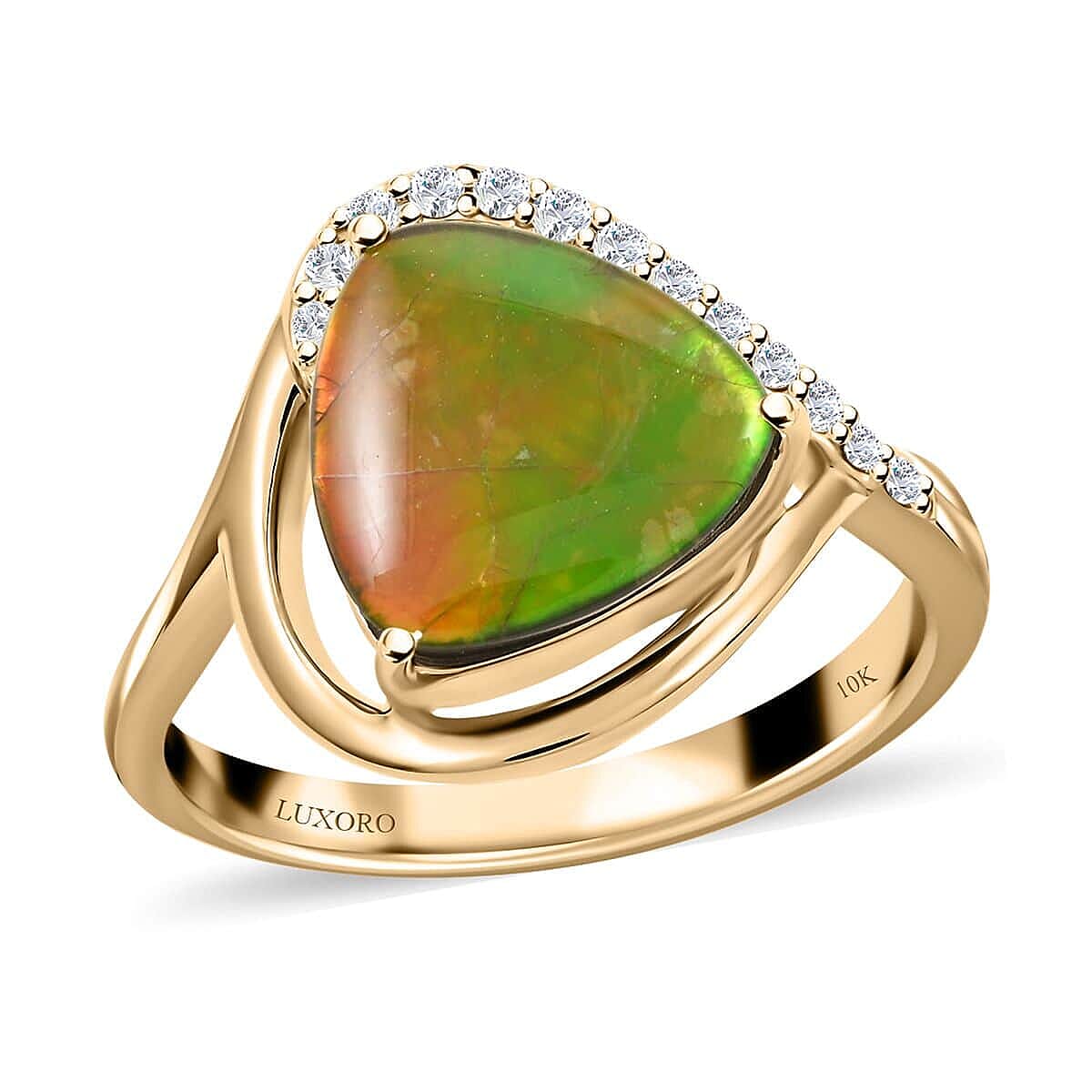 Certified & Appraised Luxoro 10K Yellow Gold AAA Canadian Ammolite and G-H I2 Diamond Ring 0.12 ctw