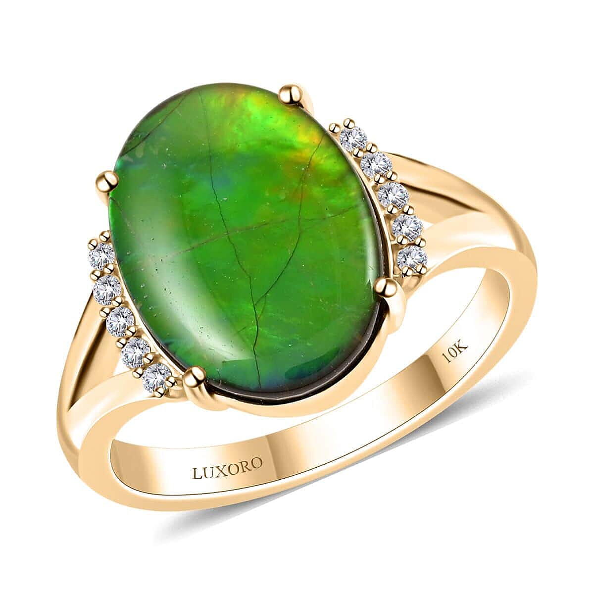 Certified & Appraised Luxoro 10K Yellow Gold AAA Canadian Ammolite, Diamond (G-H, I2) Ring (Size 10.0) 0.12 ctw