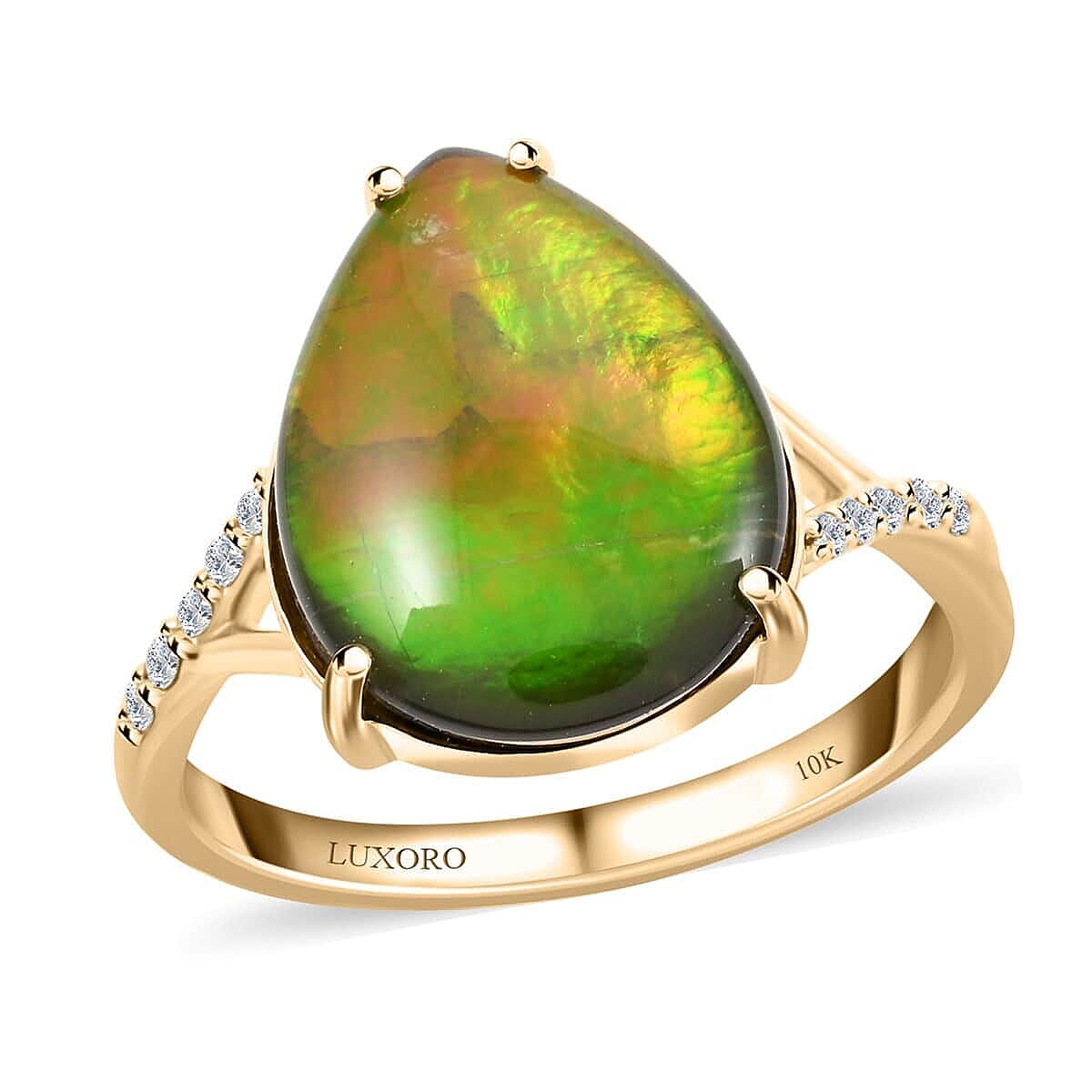 Certified & Appraised Luxoro 10K Yellow Gold AAA Canadian Ammolite, Diamond (G-H, I2) Ring (Size 10.0) 0.11 ctw