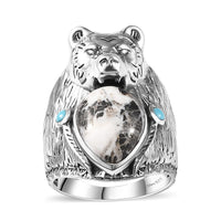 Artisan Crafted White Buffalo and Sleeping Beauty Turquoise Bear Head Men's Ring in Sterling Silver (Size 10.0) 8.60 ctw