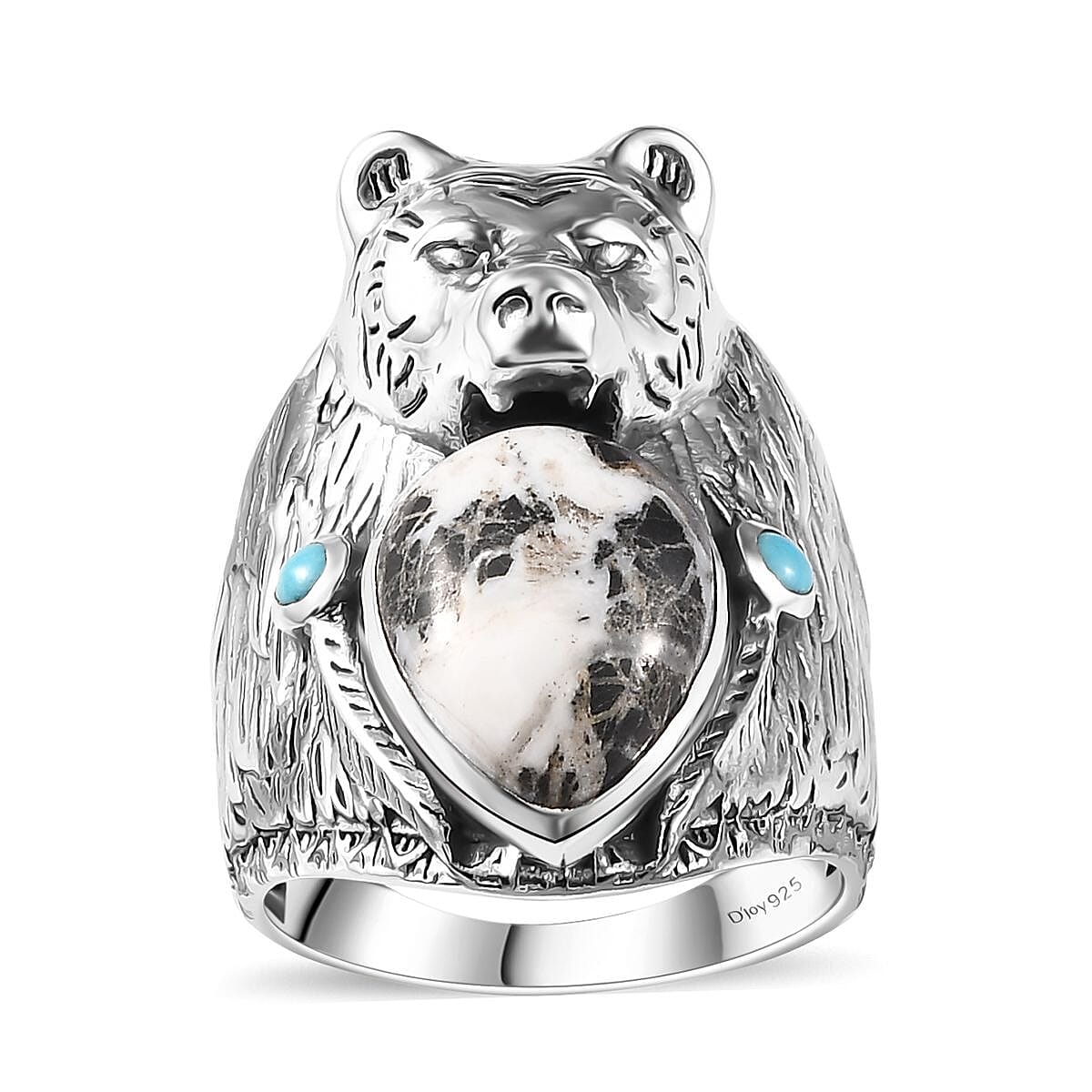 Artisan Crafted Premium White Buffalo and Sleeping Beauty Turquoise Bear Ring in Sterling Silver (Size 10.0) 8.60 ctw