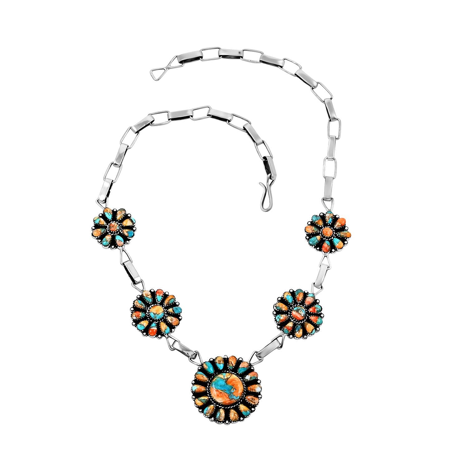 Santa Fe Style Spiny Turquoise Necklace 16 Inches in Sterling Silver 451.50 ctw
