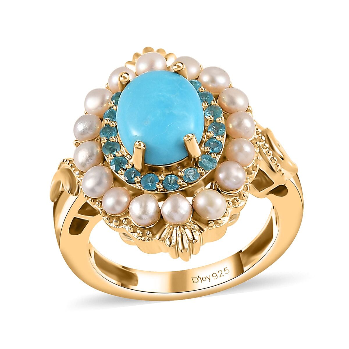 Sleeping Beauty Turquoise, Freshwater Pearl and Malgache Neon Apatite Ring in Vermeil Yellow Gold Over Sterling Silver (Size 10.0) 1.85 ctw