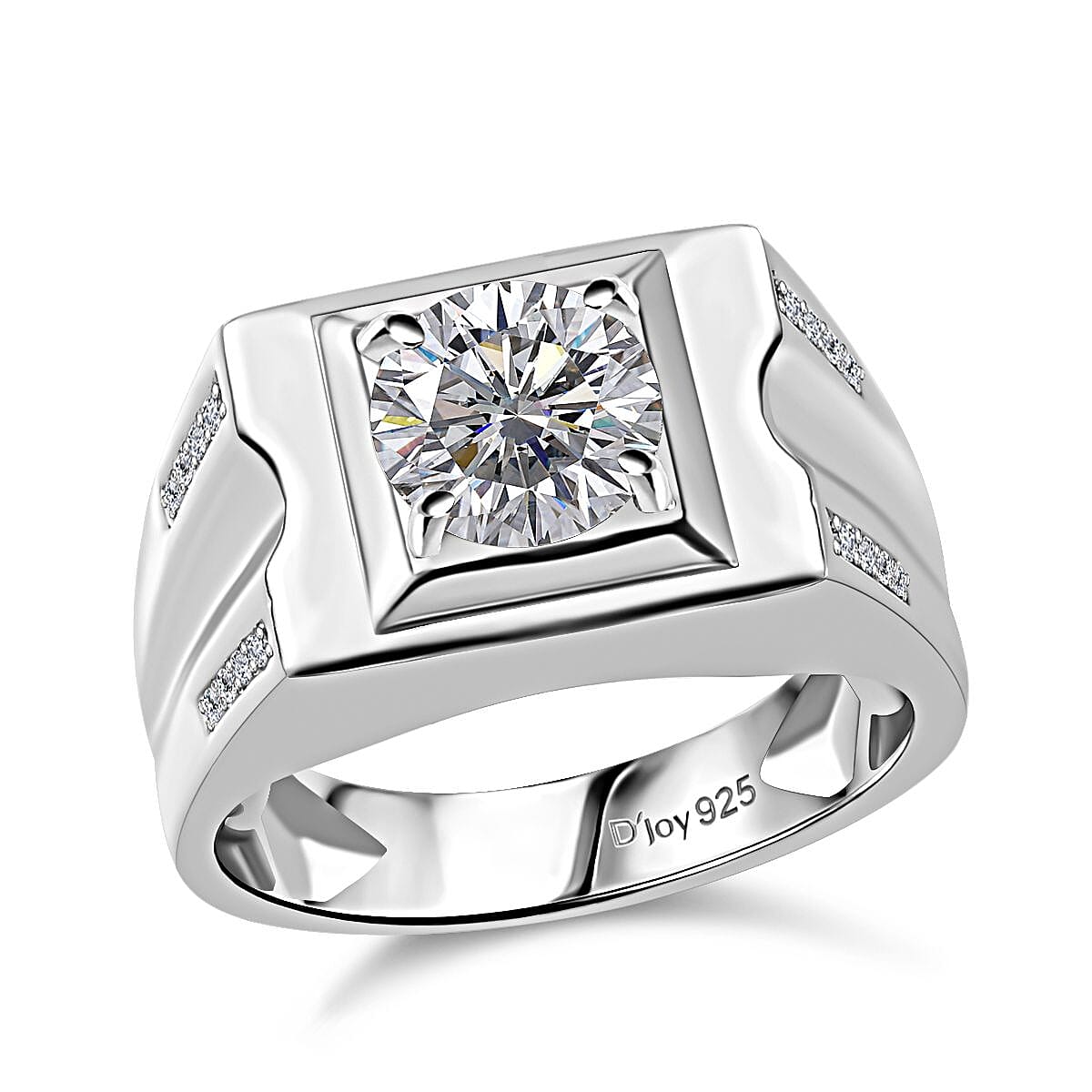 Moissanite (Rnd 8 mm) Men's Ring in Platinum Over Sterling Silver (Size 10.0) 1.85 ctw