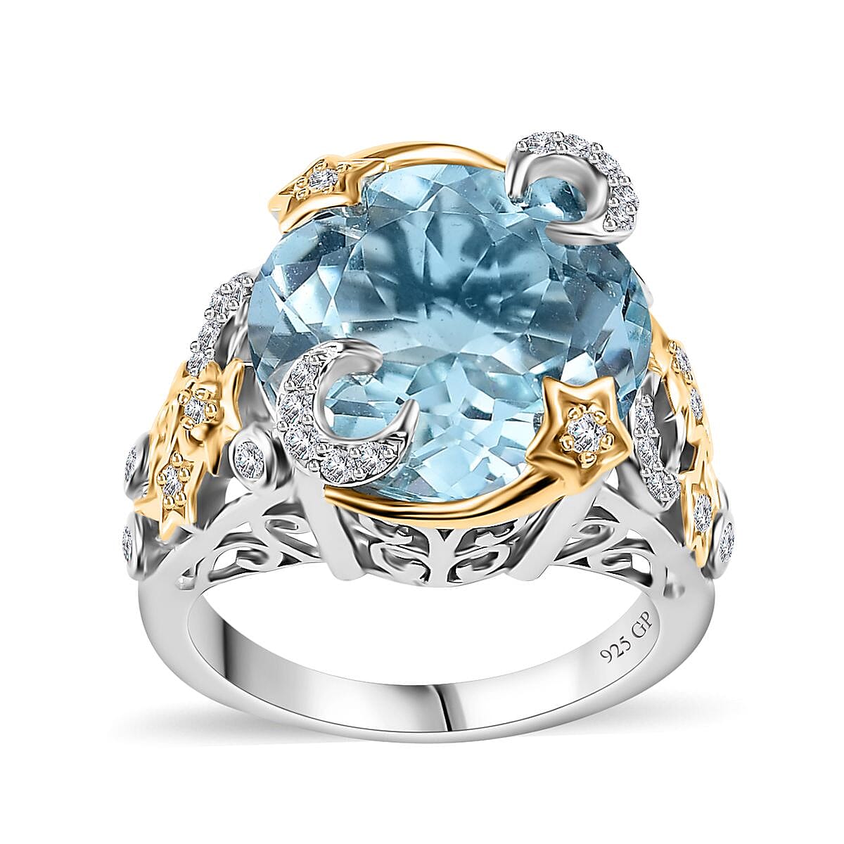 GP Blue Topaz and White Zircon Ring in Vermeil YG and Platinum Over Sterling Silver (Size 10.0) 12.65 ctw