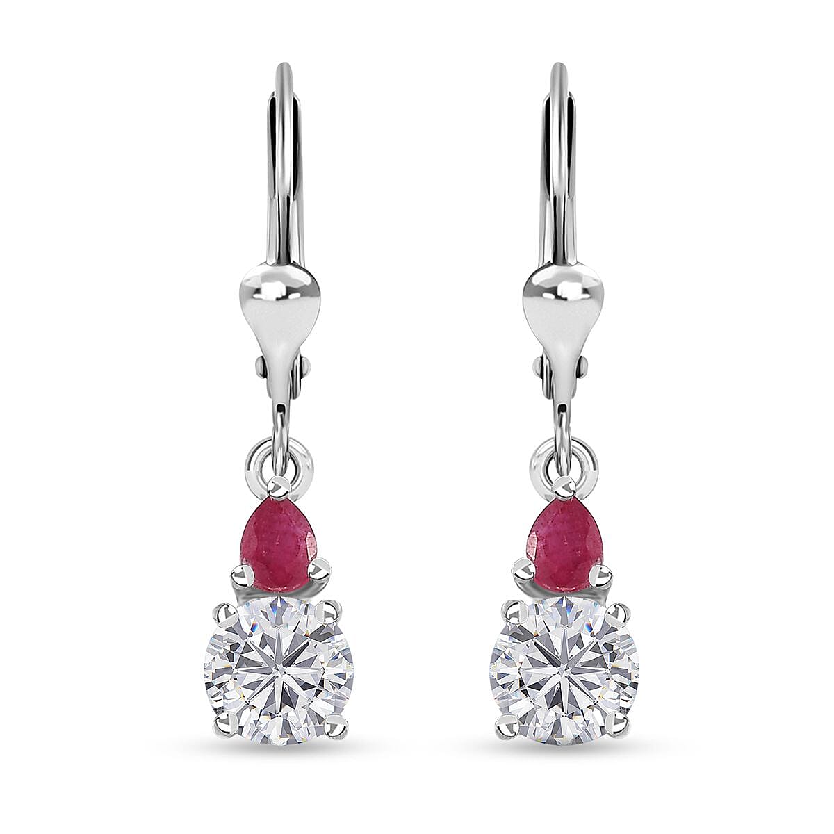 Moissanite (Rnd 6 mm), Niassa Ruby (FF) Lever Back Earrings in Platinum Over Sterling Silver 2.00 ctw
