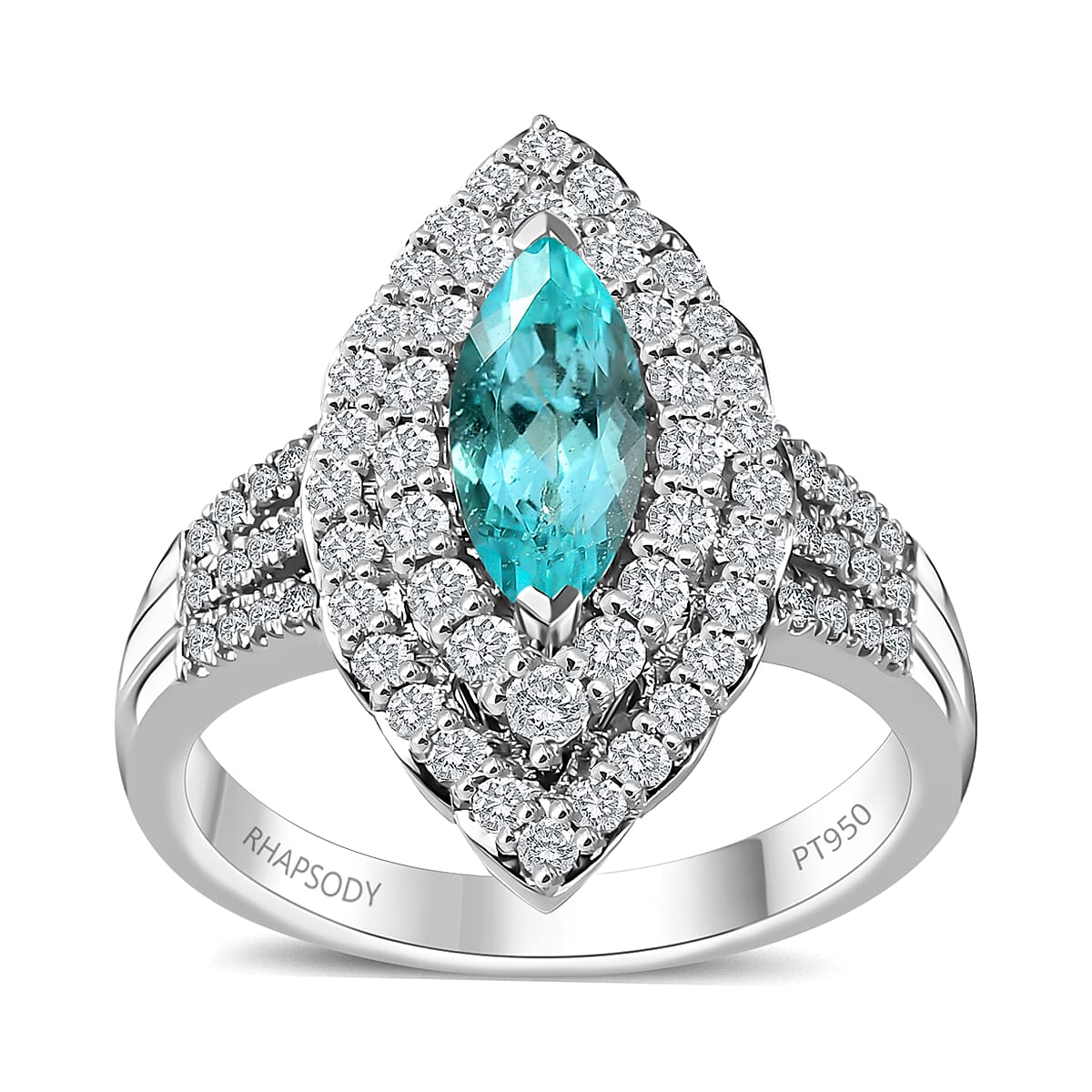 Certified & Appraised Rhapsody 950 Platinum AAAA Paraiba Tourmaline and E-F VS Diamond Double Halo Ring (Size 8.0) 10.38 Grams 2.25 ctw