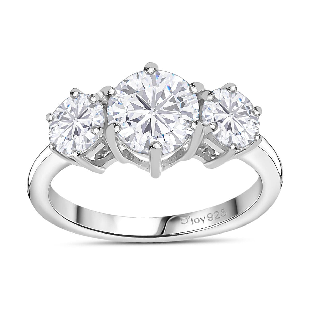 Moissanite (Rnd 7mm) 3 Stone Ring in Platinum Over Sterling Silver (Size 5.0) 2.00 ctw