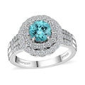 Certified & Appraised Rhapsody 950 Platinum AAAA Paraiba Tourmaline and E-F VS Diamond Double Halo Ring (Size 8.0) 9.38 Grams 2.20 ctw - Sticky add to cart bar