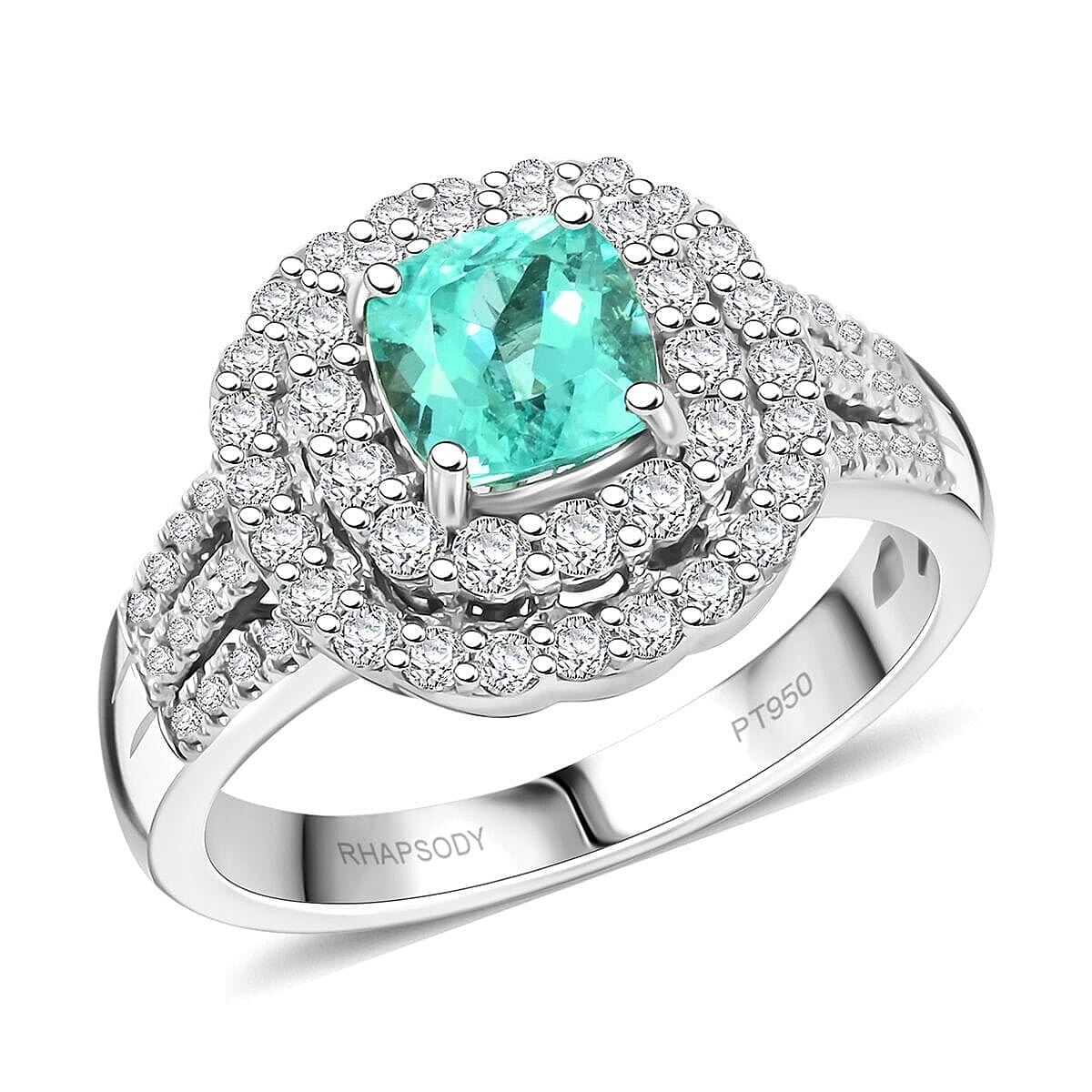 Certified & Appraised Rhapsody 950 Platinum AAAA Paraiba Tourmaline and E-F VS Diamond Double Halo Ring (Size 7.0) 9.30 Grams 2.30 ctw
