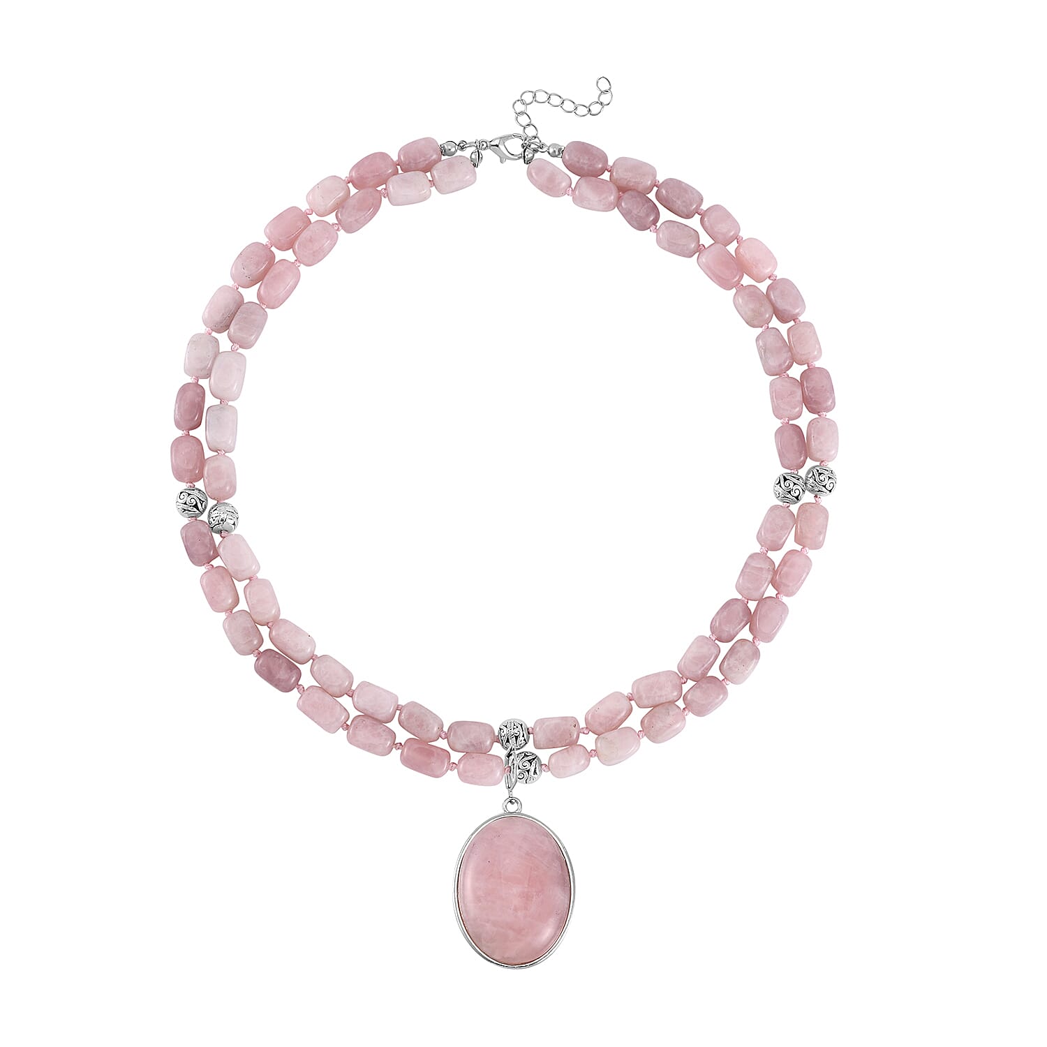 Galilea Rose Quartz Two Row Beaded Necklace 20 Inches with Matching Pendant in Silvertone 680.00 ctw