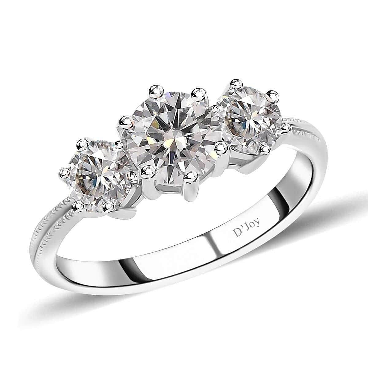 Moissanite 3 Stone Ring in Platinum Over Sterling Silver (Size 10) 1.75 ctw