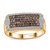 Natural Champagne and White Diamond Men's Ring in Rhodium and Vermeil YG Over Sterling Silver (Size 10.0) 1.00 ctw