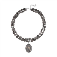 Map Jasper Two Row Beaded Necklace 20-22 Inches with Matching Pendant in Silvertone 687.00 ctw