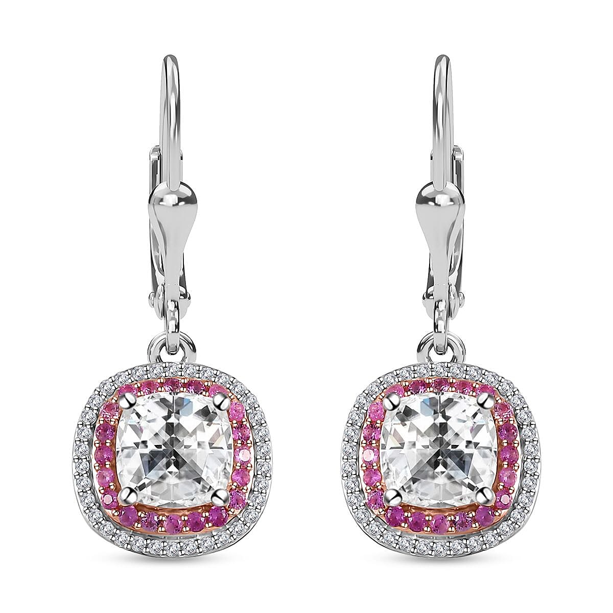 Moissanite and Madagascar Pink Sapphire Lever Back Earrings in Platinum Over Sterling Silver 3.90 ctw