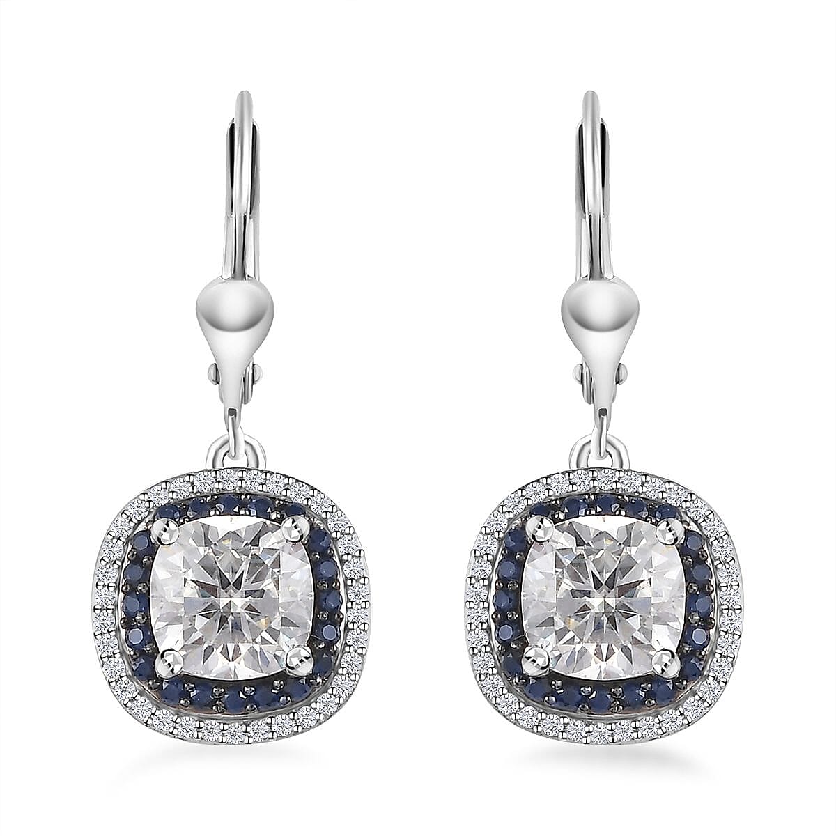 Moissanite and Kanchanaburi Blue Sapphire Lever Back Earrings in Platinum Over Sterling Silver 4.10 ctw