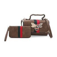 2pc Taupe Vegan Leather Shoulder Bag with Wallet (10"x5"x5")