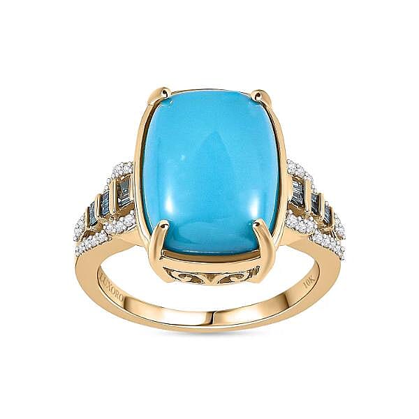 Luxoro 10K Yellow Gold Premium Sleeping Beauty Turquoise, Blue Diamond and Diamond G-H I2 Ring (Size 10.0) 4.25 Grams 8.40 ctw