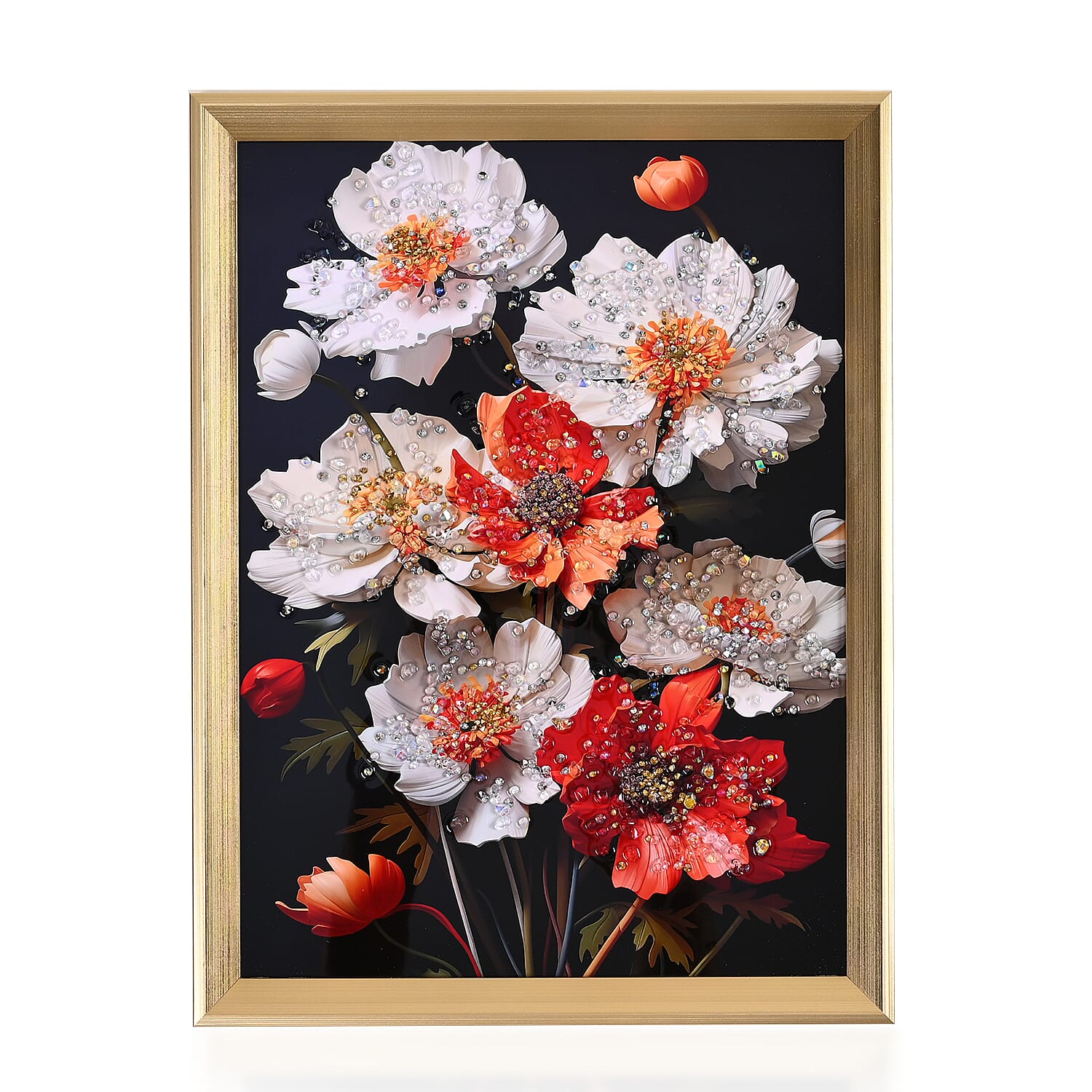 White and Red Flower Crystal Painting With Frame (15.75"x11.81")