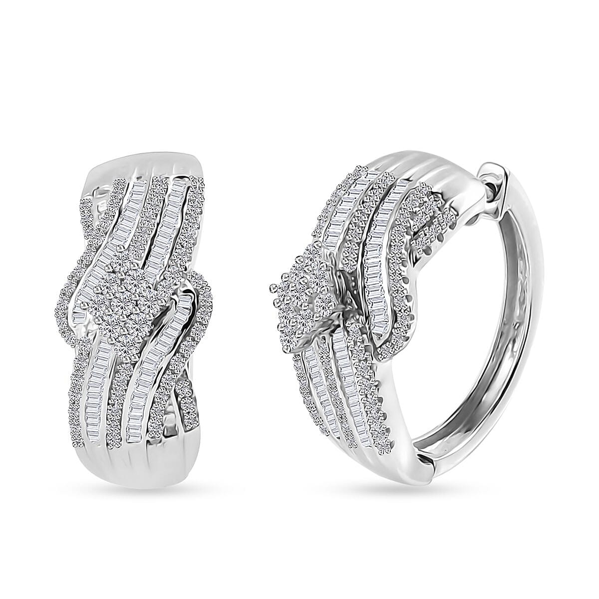 TLV White Diamond Hoop Earrings in Platinum Over Sterling Silver 1.00 ctw
