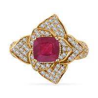 Niassa Ruby (FF) and White Zircon Floral Ring in Vermeil Yellow Gold Over Sterling Silver (Size 6.0) 4.00 ctw