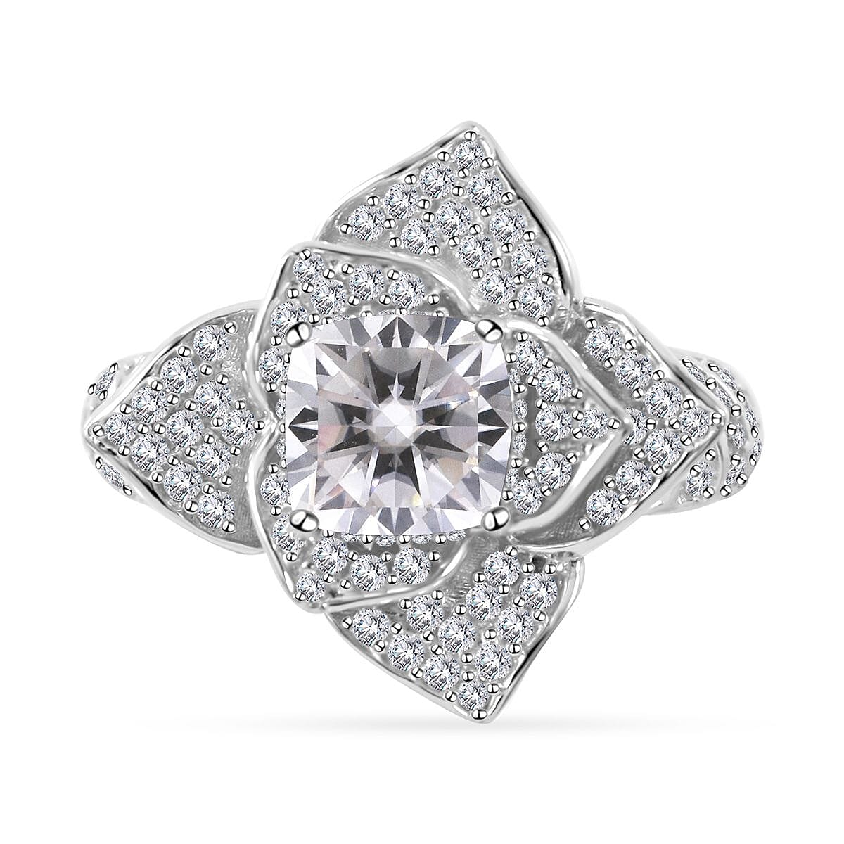 Moissanite Floral Ring in Platinum Over Sterling Silver (Size 6.0) 2.35 ctw