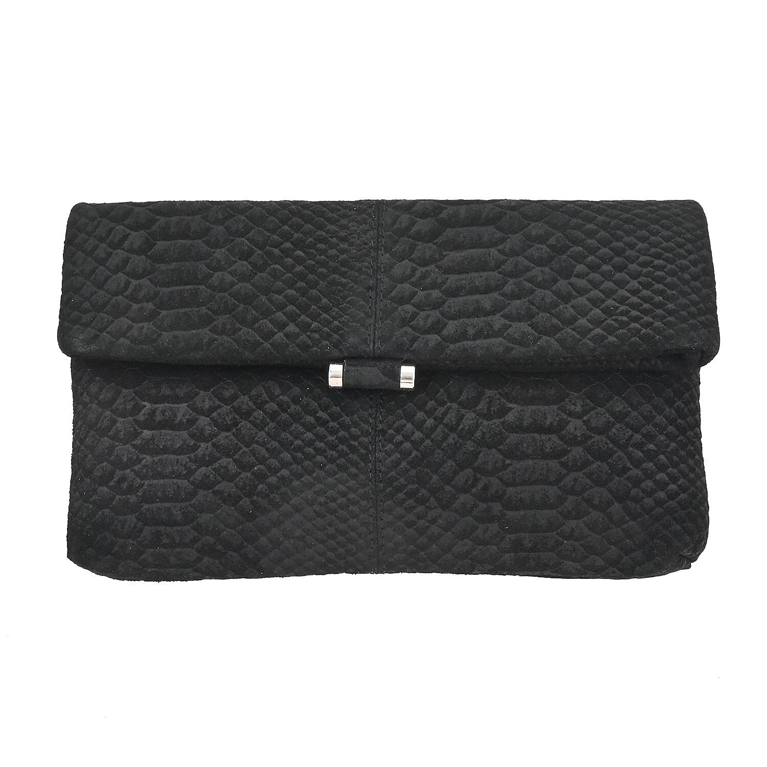 Black Python Embossed Leather Foldover Convertible Belt Bag (11"x6")