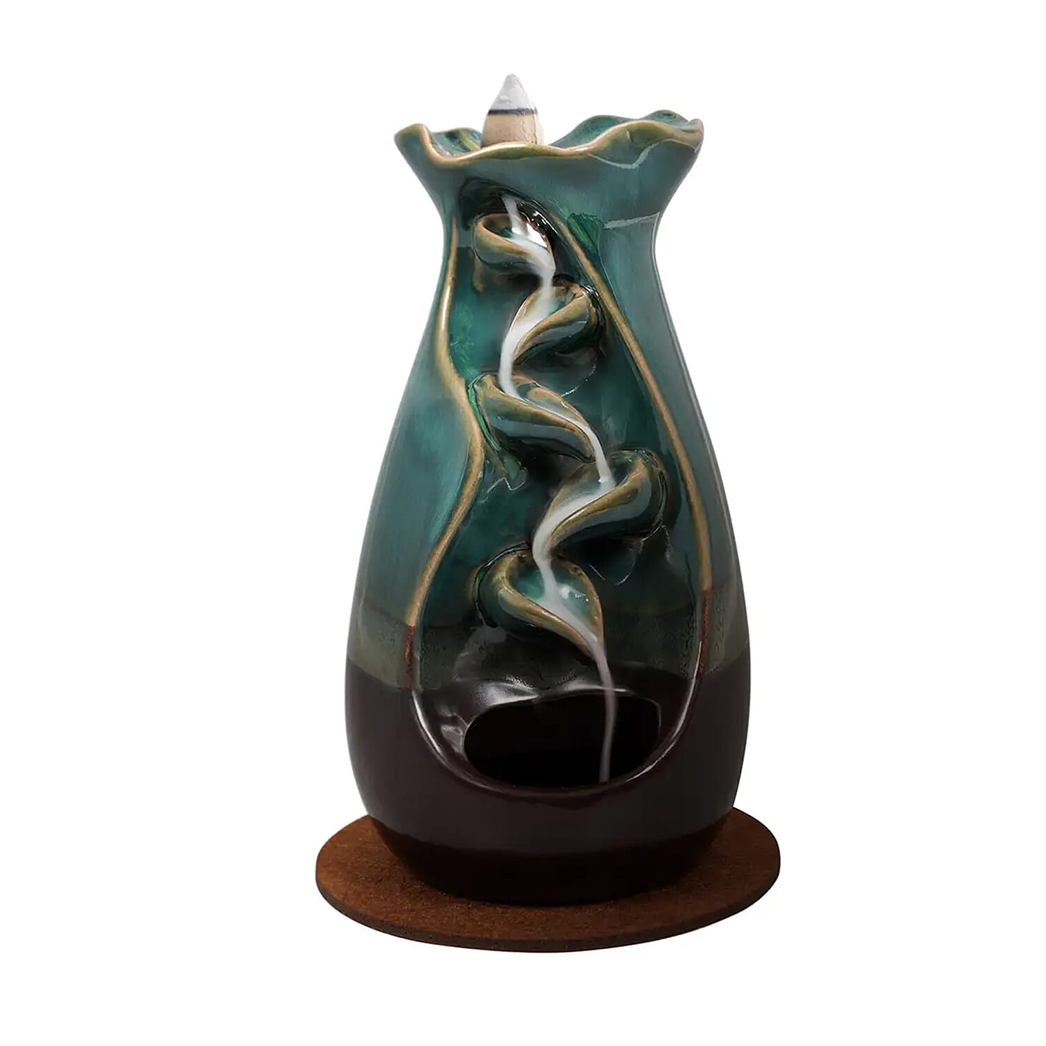 Trend Vision Tulip Style Cascading Ceramic Incense Burner with 10 Assorted Cones -Cyan (5.5"x8.7")