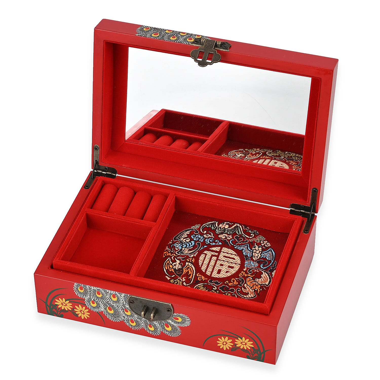 Red Ground with Peacock 2 Layer Jewelry Box with Anitique Metal Closure (8.27"x5.51"x2.95")
