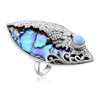 Bali Legacy Abalone Shell and Larimar Sea Turtle Ring in Sterling Silver (Size 5.0) 1.00 ctw