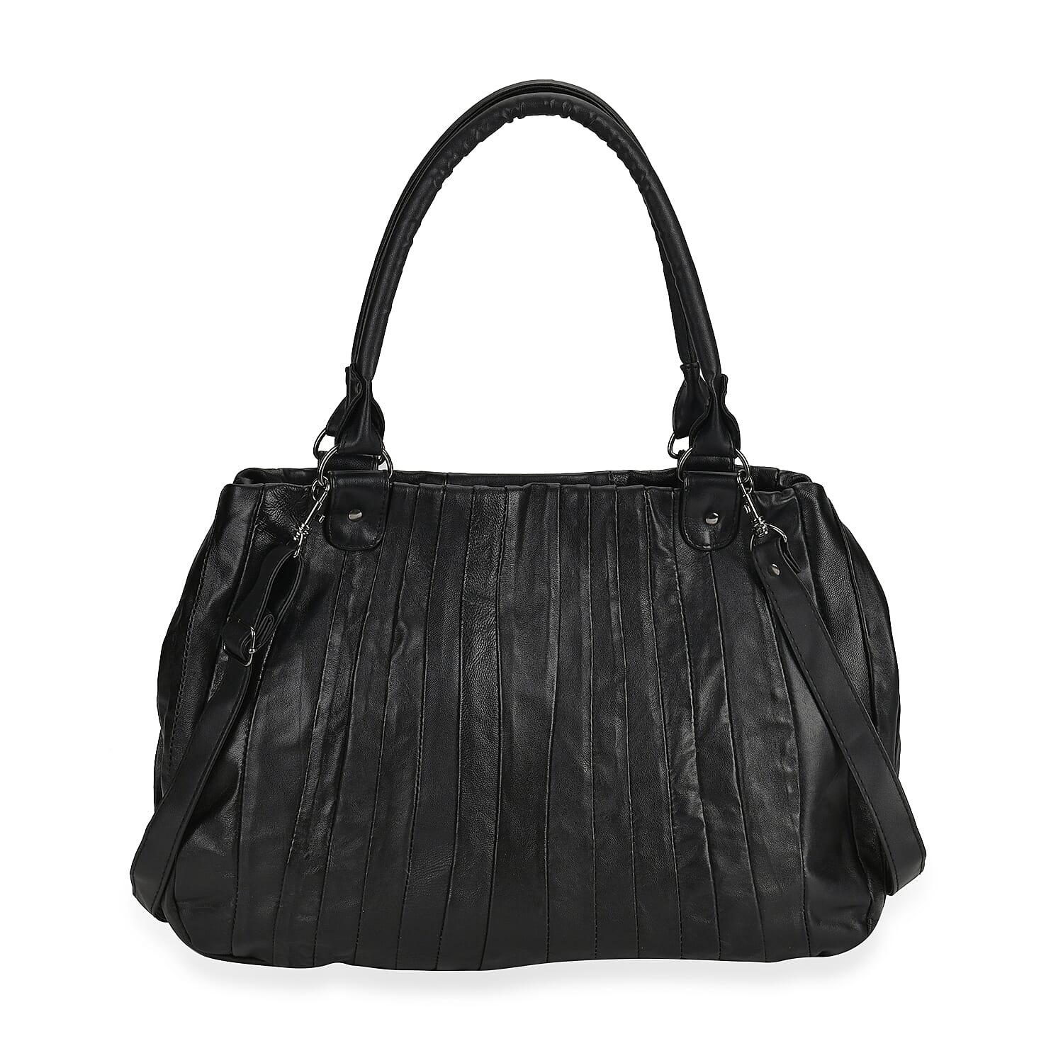 Black Sheepskin Leather Crossbody Bag (15.7"x3.95"x12") with Shoulder Strap