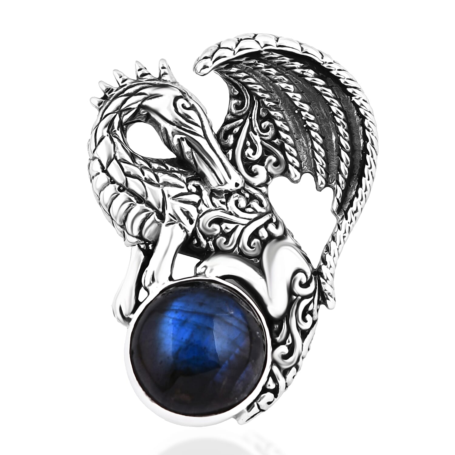 Bali Legacy Malagasy Labradorite 7.30 ctw Dragon Pendant without Chain in Sterling Silver
