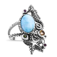 Bali Legacy Larimar and Multi Gemstone Seahorse and Fish Ring in Sterling Silver 6.90 ctw