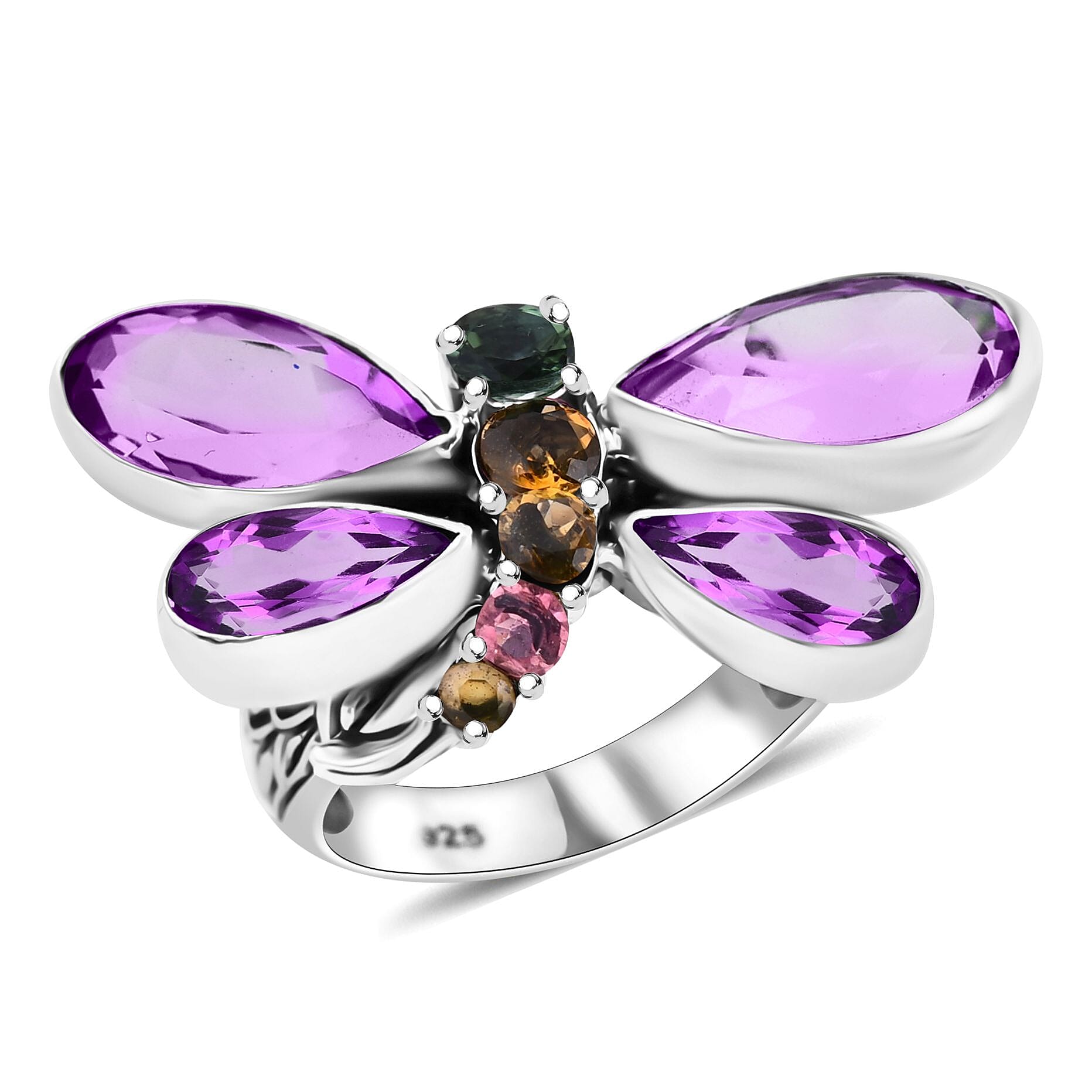 Bali Legacy African Amethyst, Multi-Tourmaline Ring in Sterling Silver (Size 10.0) 9.25 ctw