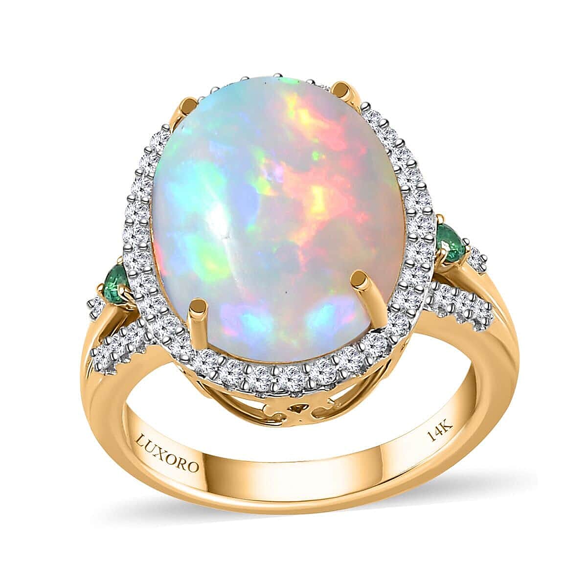 Luxoro 14K Yellow Gold AAA Ethiopian Welo Opal, Boyaca Colombian Emerald, Diamond (G-H, I2) (0.37 cts) Ring (Size 7.0) (5.90 g) 6.50 ctw