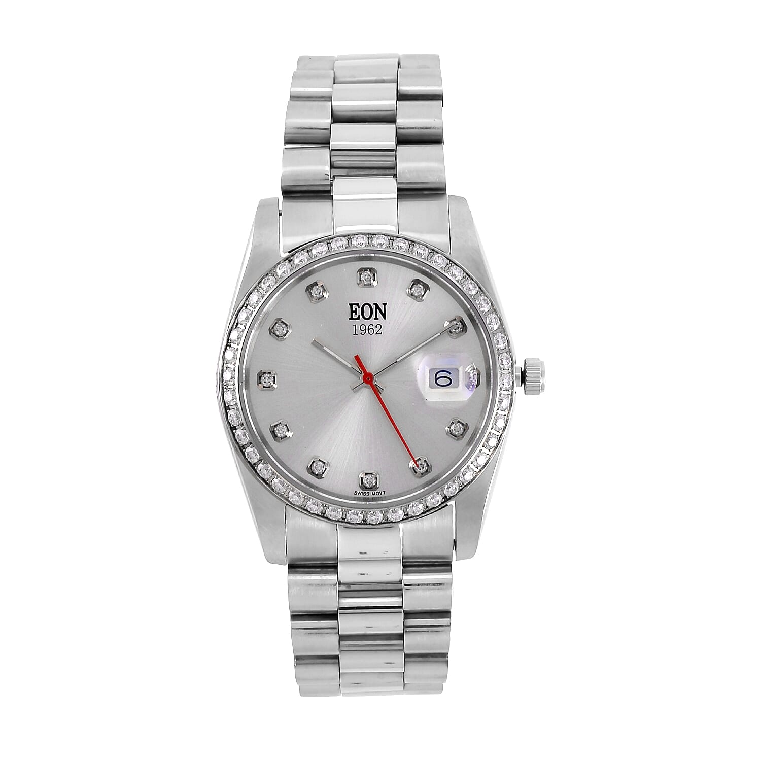 EON 1962 White Moissanite Swiss Movement Watch in Stainless Steel (36.5mm) 0.60 ctw
