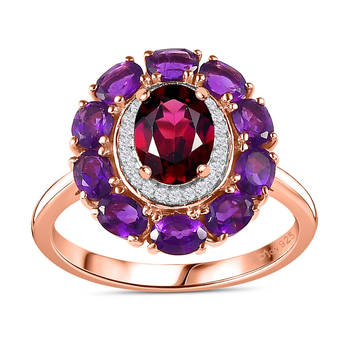 Orissa Rhodolite Garnet and Multi Gemstone Double Halo Ring in Vermeil Rose Gold Over Sterling Silver (Size 10.0) 3.50 ctw (Del. in 10-12 Days)