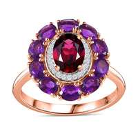 Orissa Rhodolite Garnet and Multi Gemstone Double Halo Ring in Vermeil Rose Gold Over Sterling Silver (Size 10.0) 3.50 ctw (Del. in 10-12 Days)