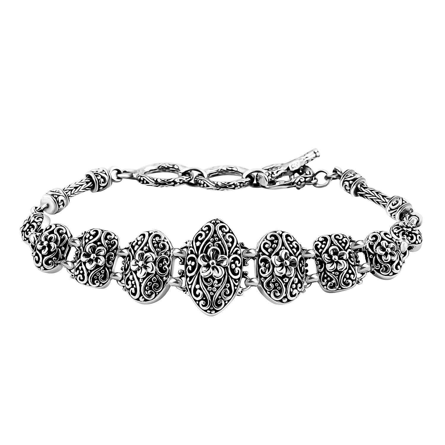TLV Bali Legacy Sterling Silver Frangipani Flower Bracelet (6.50-8.25In) (19.80 g)