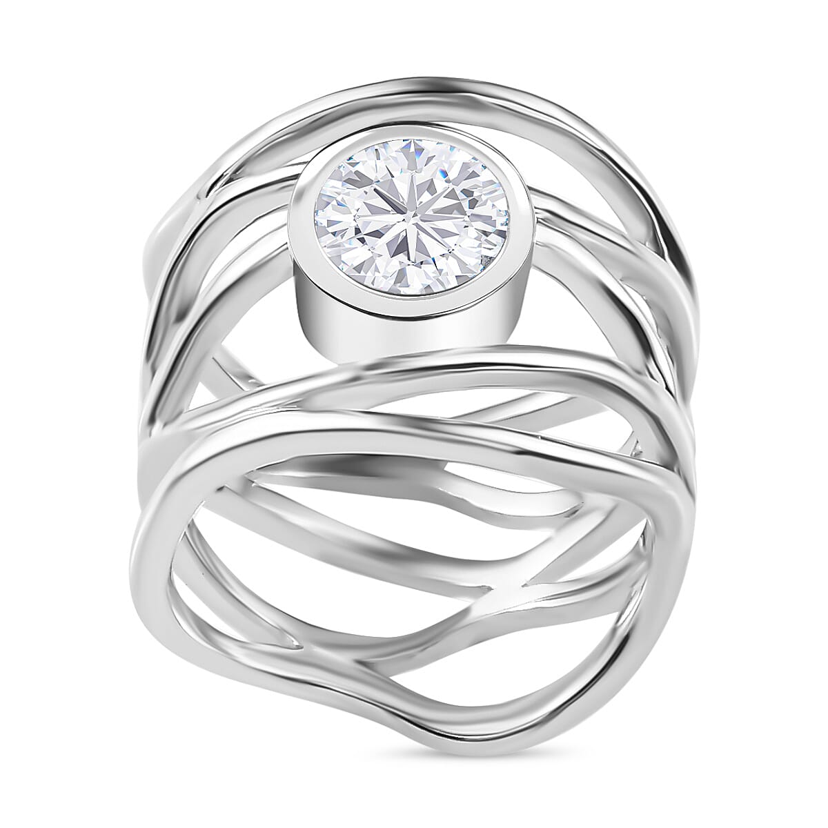 Moissanite (Rnd 7mm) Multi Shank Ring in Platinum Over Sterling Silver (Size 10.0) 1.20 ctw