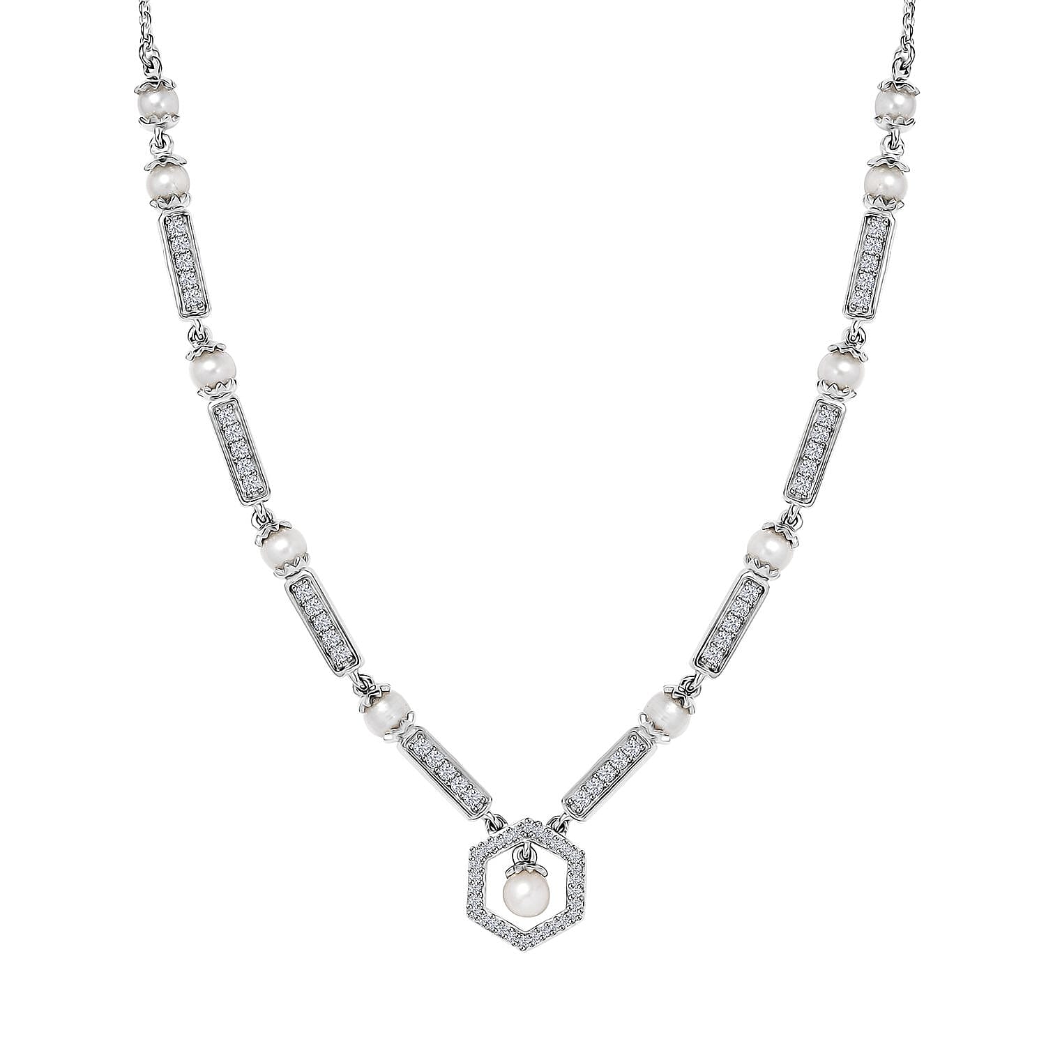 Fresh Water Pearl, Moissanite Necklace (18 Inches) in Platinum Over Sterling Silver 0.90 ctw