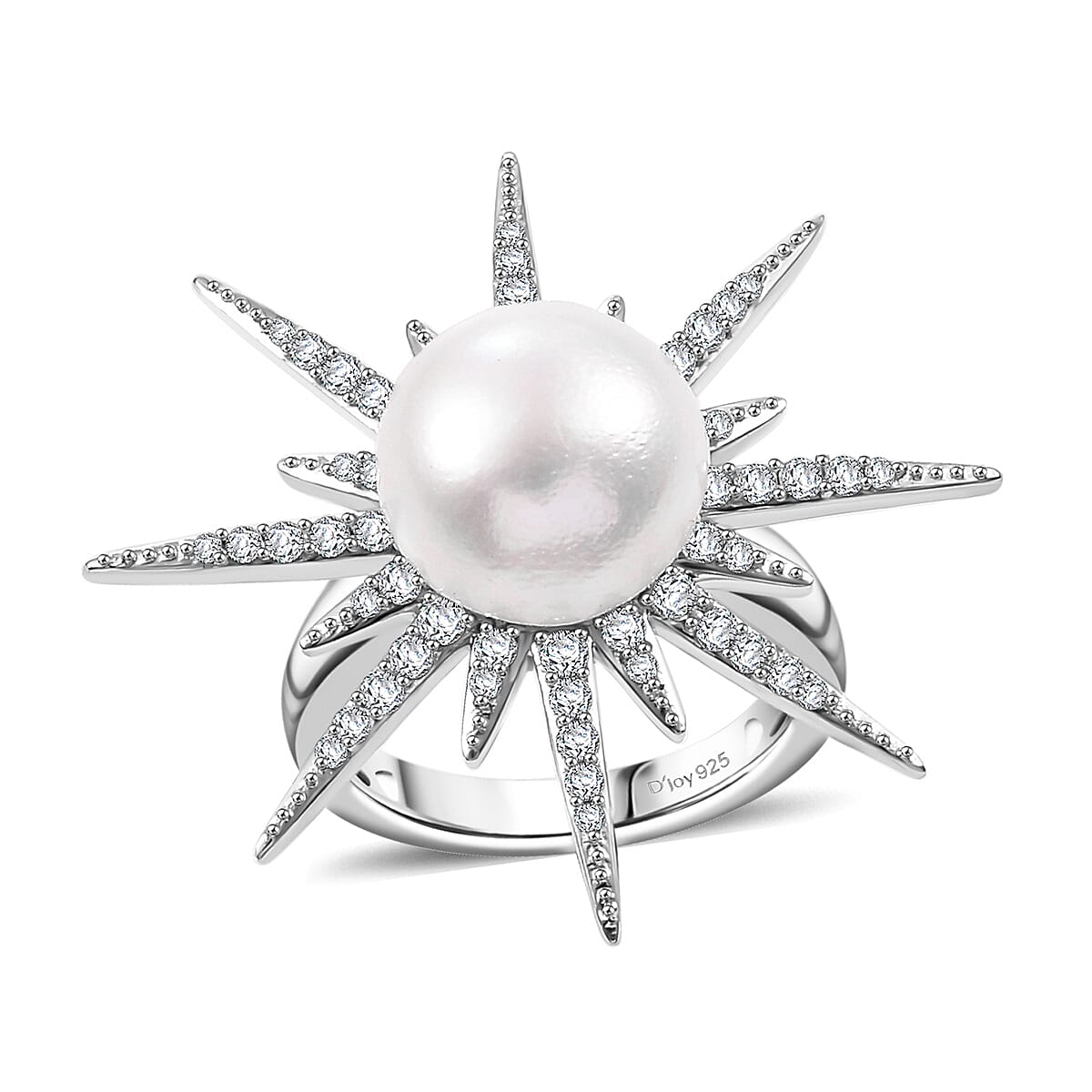 Freshwater Pearl and Moissanite 0.75 ctw Ring in Platinum Over Sterling Silver