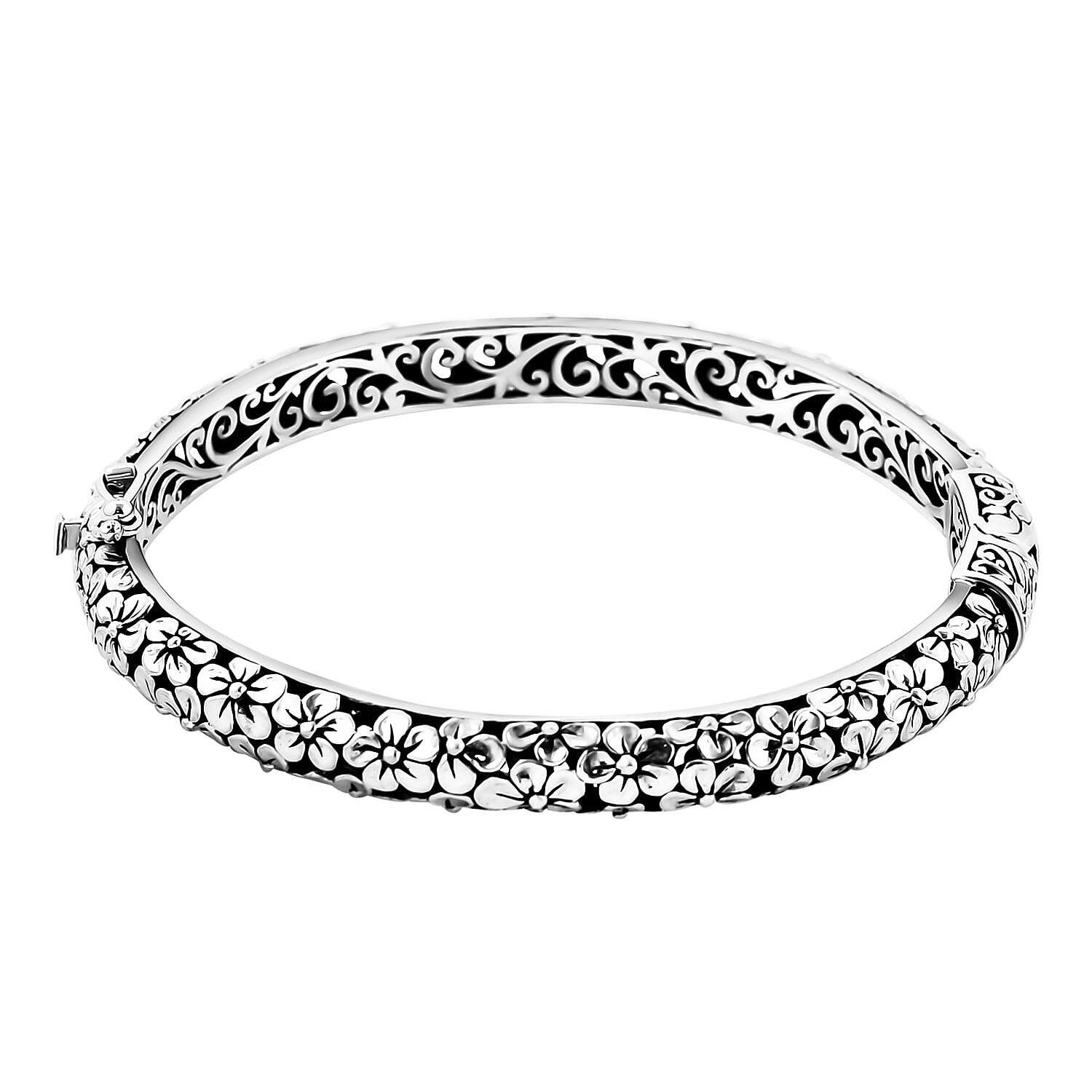 Bali Legacy Sterling Silver Frangipani Flower Bangle Bracelet (6.50 In) 27 Grams