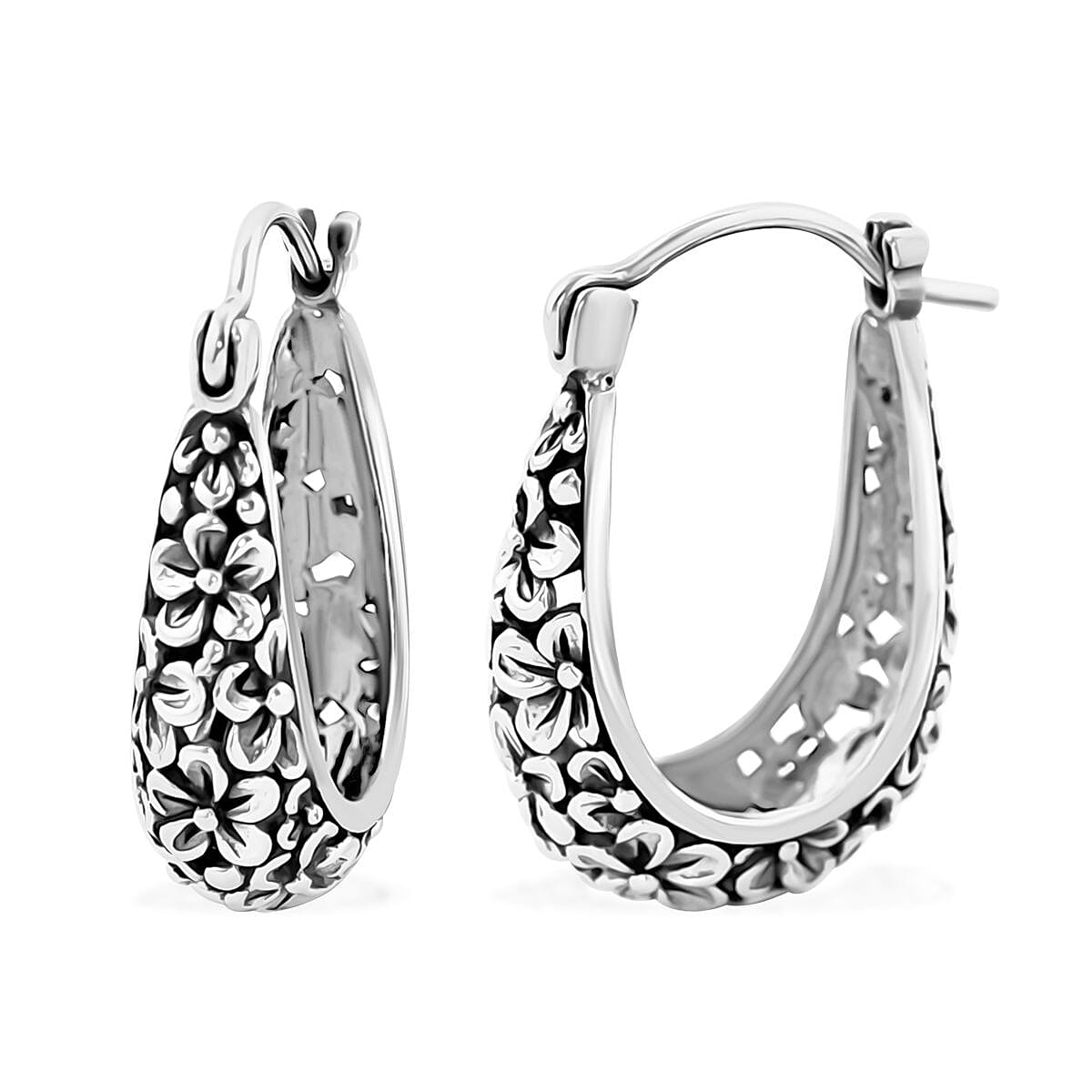 TLV Bali Legacy Sterling Silver Frangipani Flower Hoop Earrings (6.10 g)